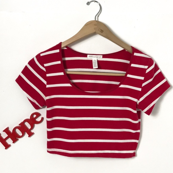 Ambiance Tops - Ambiance Striped Crop Top Large Red and White